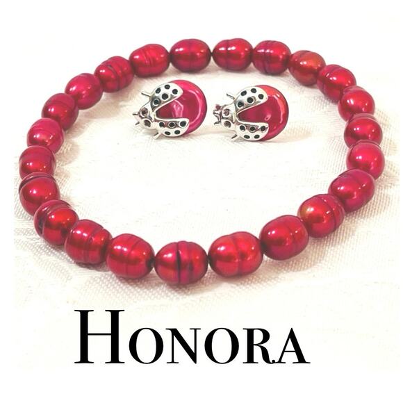 HONORA Sterling Silver Coin Pearl Ladybug EARRINGS BRACELET Stud Cultured Pearls - Picture 1 of 10